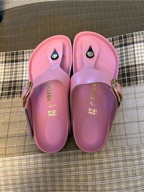Birkenstock Pink Gizeh Thong Sandals with Gold Buckle
